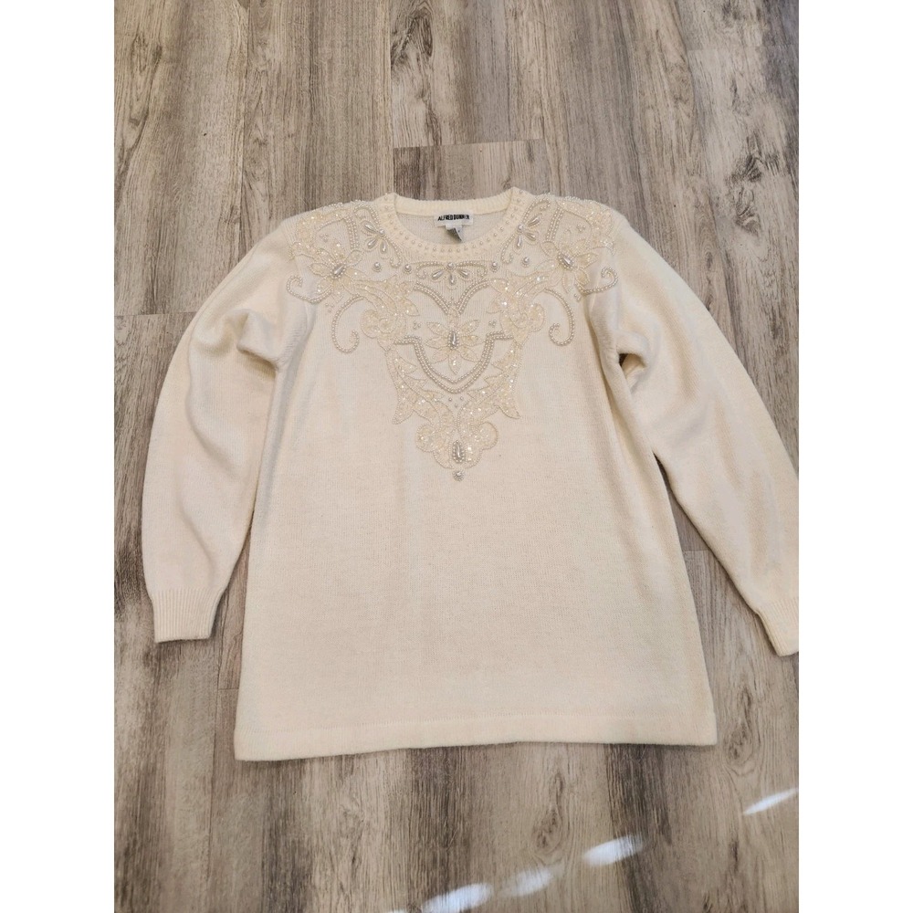 Vintage 80s Alfred Dunner Ladies Sweater Ivory Sequin Beaded Iridescent Medium